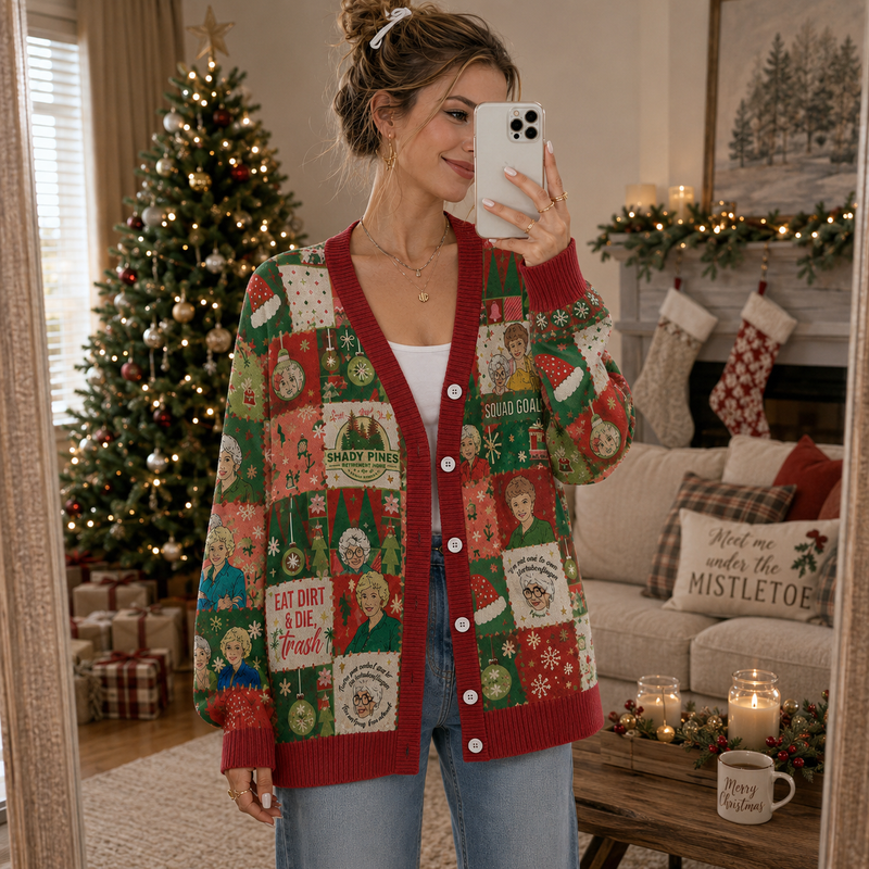 Retro Christmas Patchwork Cardigan, Vintage Holiday Knit Sweater, Festive Friendship Button Cardigan, Funny Christmas Gift for Her