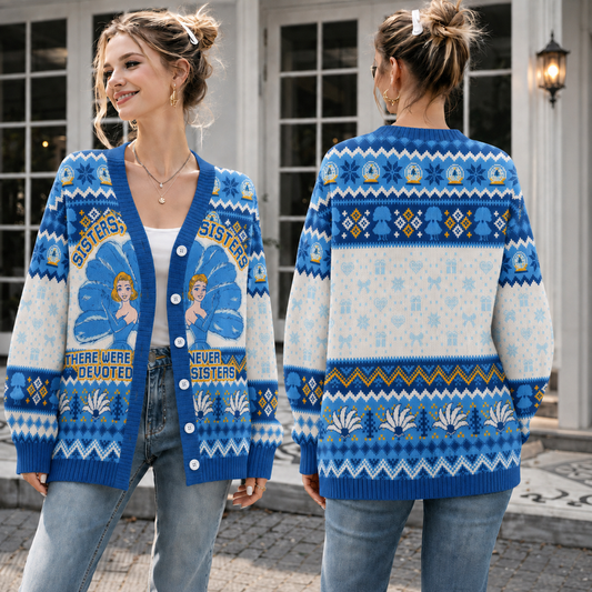 Sisters Christmas Knit Cardigan, Vintage Blue Holiday Sweater, Retro Winter Button Up Cardigan, Matching Sister Christmas Gift