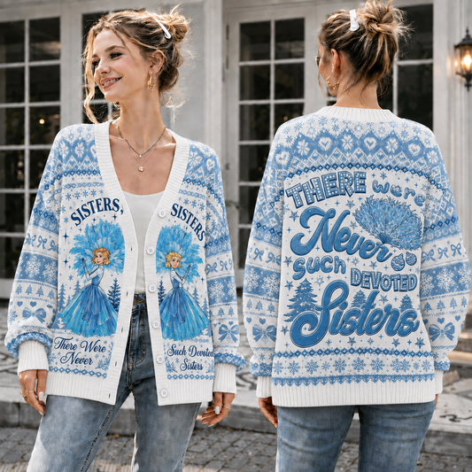 Sisters Christmas Knit Cardigan, Blue Vintage Holiday Sweater, Devoted Sisters Button Up Cardigan, Christmas Gift for Her