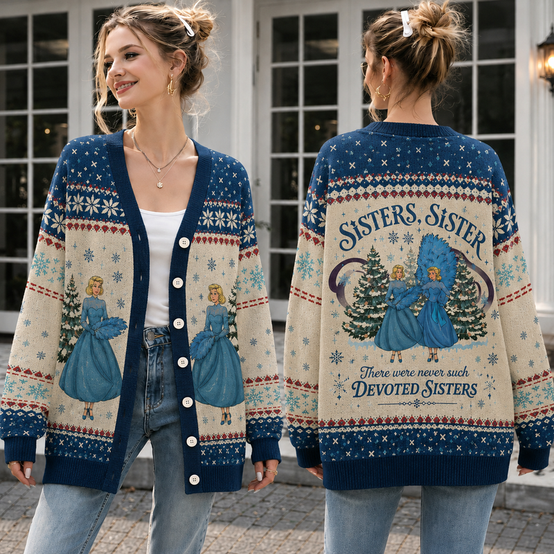 Sisters Christmas Knit Cardigan, Vintage Blue Holiday Sweater, Retro Winter Button Up Cardigan, Festive Christmas Gift for Sisters