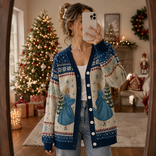 Sisters Christmas Knit Cardigan, Vintage Blue Holiday Sweater, Retro Winter Button Up Cardigan, Festive Christmas Gift for Sisters