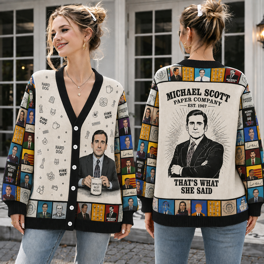 Funny Office Boss Knit Cardigan, Retro Workplace Comedy Sweater, Vintage TV Inspired Button Up Cardigan, Funny Fan Gift