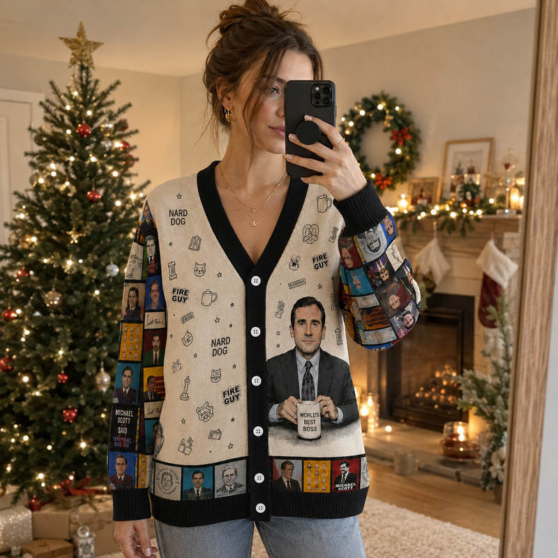 Funny Office Boss Knit Cardigan, Retro Workplace Comedy Sweater, Vintage TV Inspired Button Up Cardigan, Funny Fan Gift