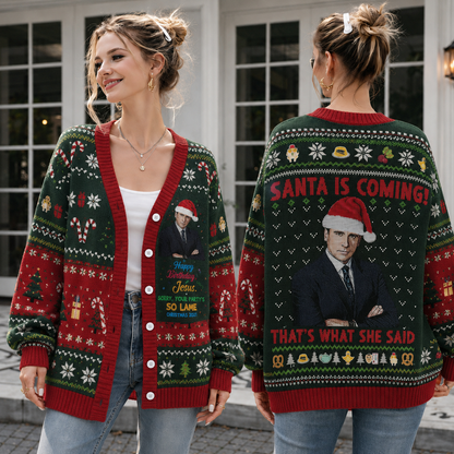 Funny Christmas Knit Cardigan, Retro Holiday Button Sweater, Office Party Christmas Cardigan, Festive Gift for Coworker