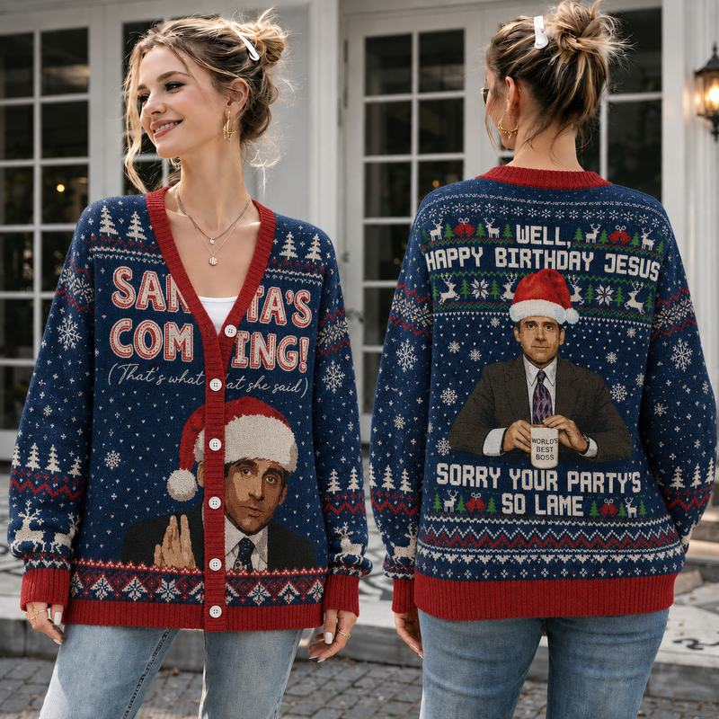 Funny Office Christmas Knit Cardigan, Retro Workplace Holiday Sweater, Festive Boss Button Up Cardigan, TV Comedy Fan Gift