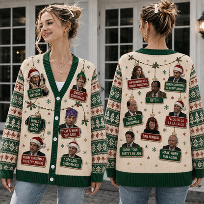 Funny Christmas Meme Knit Cardigan, Retro Holiday Quote Sweater, Festive Office Party Button Cardigan, Coworker Christmas Gift
