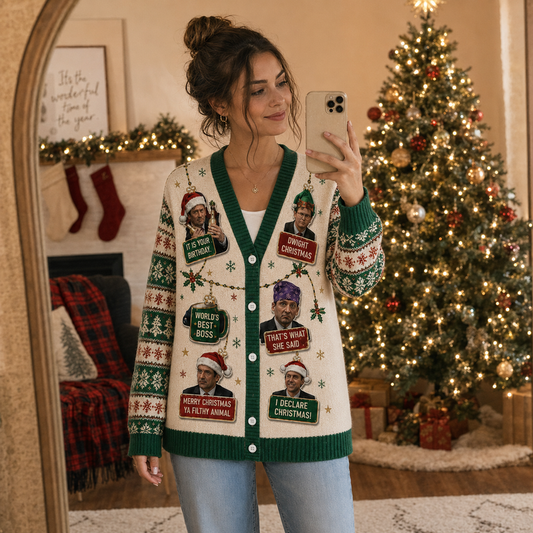 Funny Christmas Meme Knit Cardigan, Retro Holiday Quote Sweater, Festive Office Party Button Cardigan, Coworker Christmas Gift