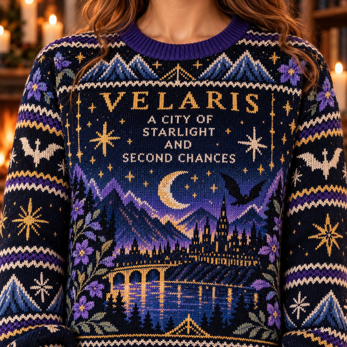 Velaris Second Chances Purple knit ugly Christmas sweater - knit close-up