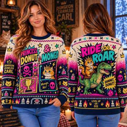 Princess Donut & Mongo Ride or Roar Knit Ugly Christmas Sweater