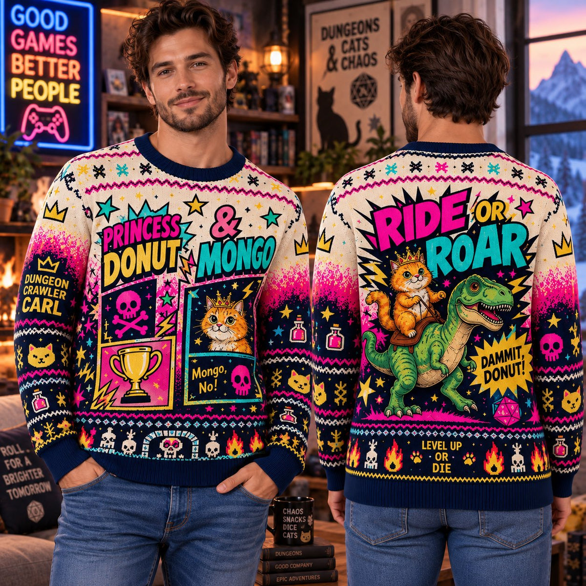 Princess Donut & Mongo Ride or Roar Knit Ugly Christmas Sweater