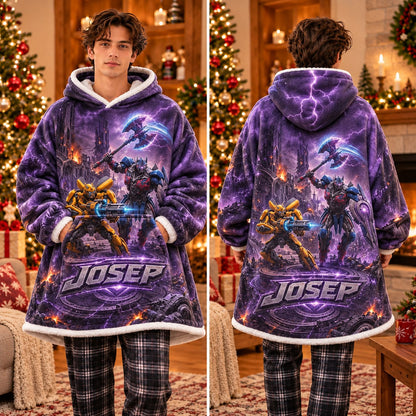 Personalized Name Purple Robot Warrior Blanket Hoodie - view 2