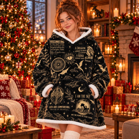 Black Gold Celestial Dragon Quote Blanket Hoodie - worn view