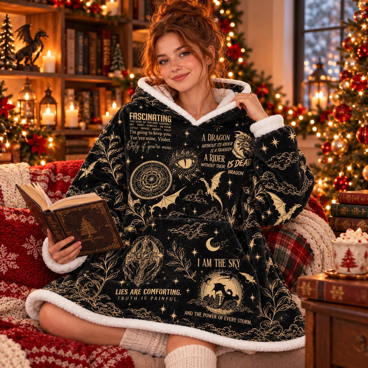 Black Gold Celestial Dragon Quote Blanket Hoodie - view 2