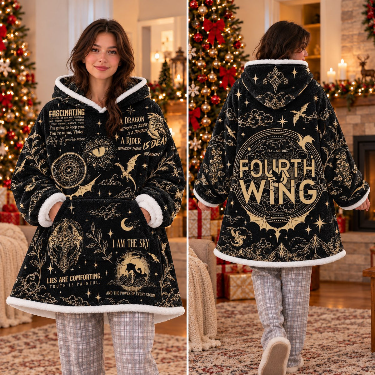 Black Gold Celestial Dragon Quote Blanket Hoodie - view 3