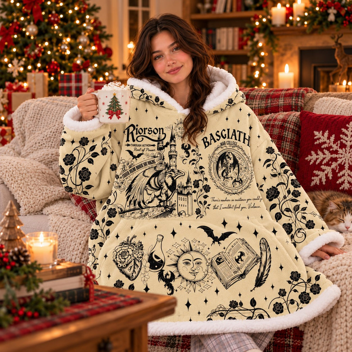 Cream Black Dragon Rider Sun Moon Blanket Hoodie - view 2