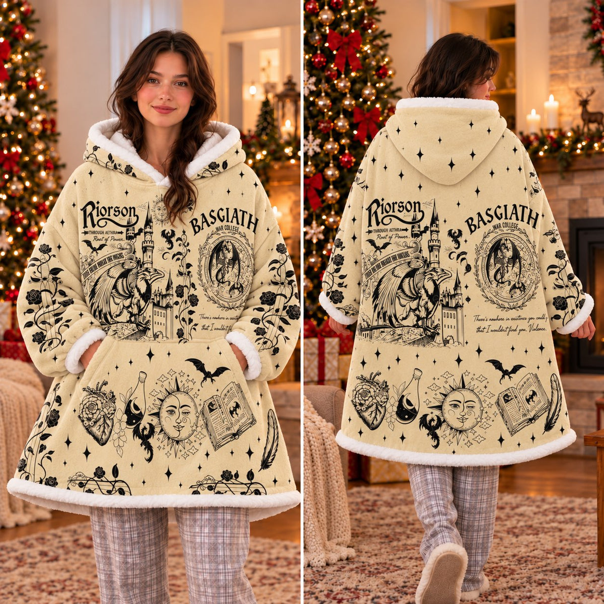 Cream Black Dragon Rider Sun Moon Blanket Hoodie - view 3