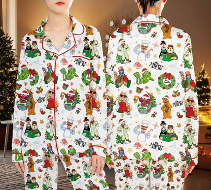 Christmas Cartoon Satin Pajama Set, Festive Holiday Sleepwear, Cozy Long Sleeve PJs, Funny Christmas Gift for Women