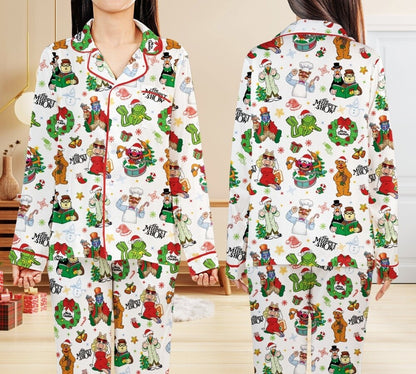 Christmas Cartoon Satin Pajama Set, Festive Holiday Sleepwear, Cozy Long Sleeve PJs, Funny Christmas Gift for Women