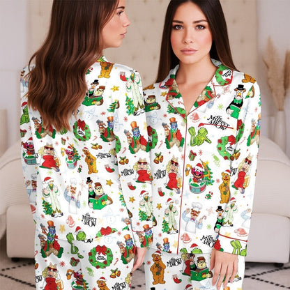Christmas Cartoon Satin Pajama Set, Festive Holiday Sleepwear, Cozy Long Sleeve PJs, Funny Christmas Gift for Women