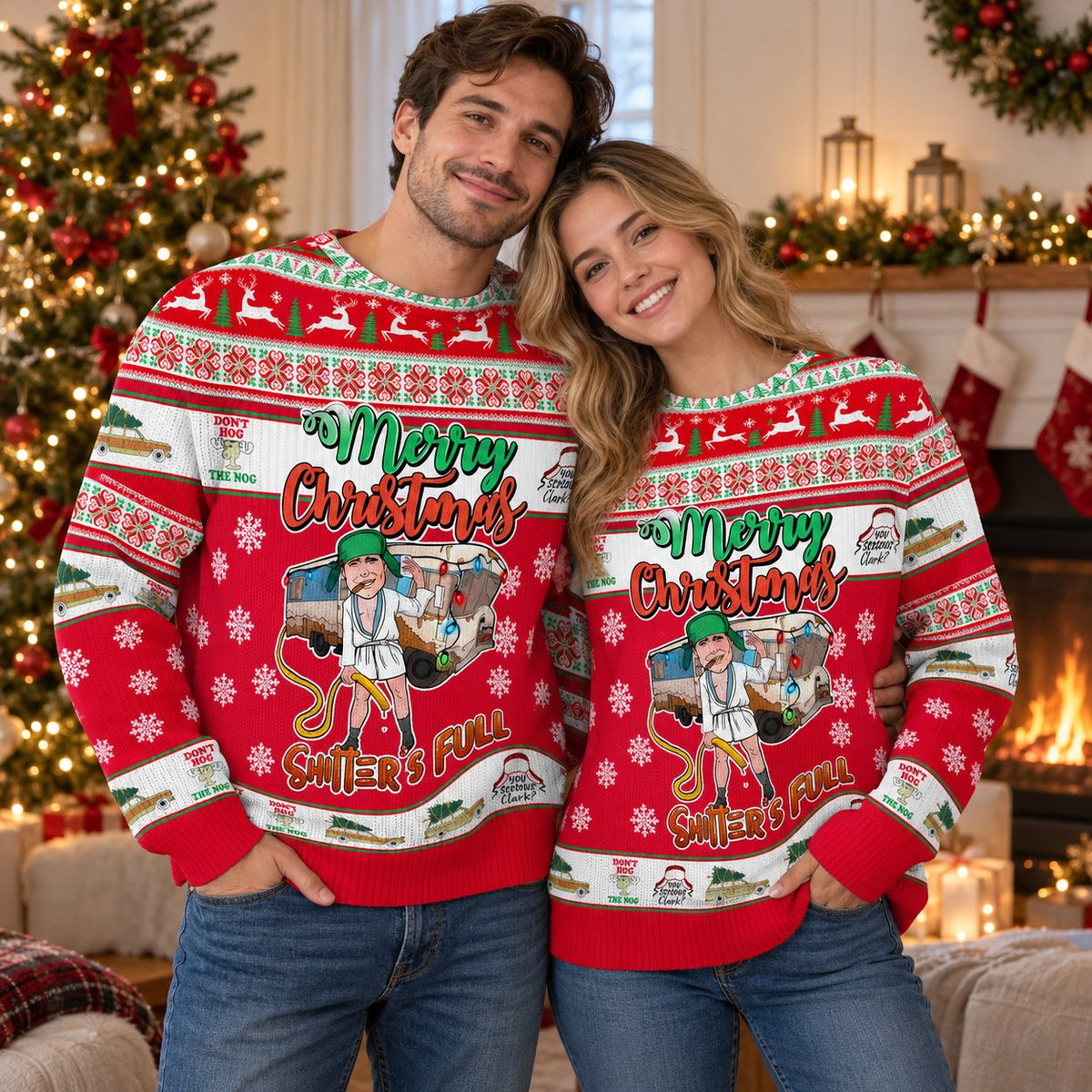 Merry Christmas Shitter's Full Red knit ugly Christmas sweater - couple