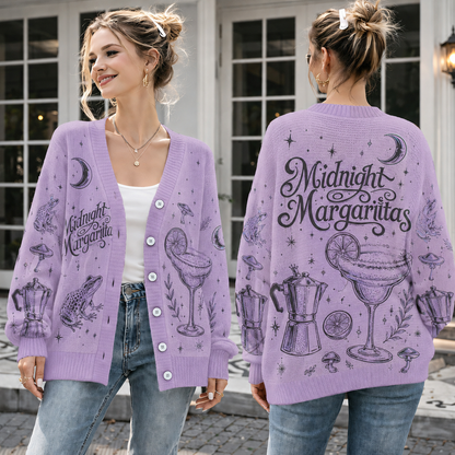 Witchy Cocktail Knit Cardigan, Purple Frog & Moon Button Up Sweater, Mystical Drink Lover Cardigan, Cozy Witch Aesthetic Top