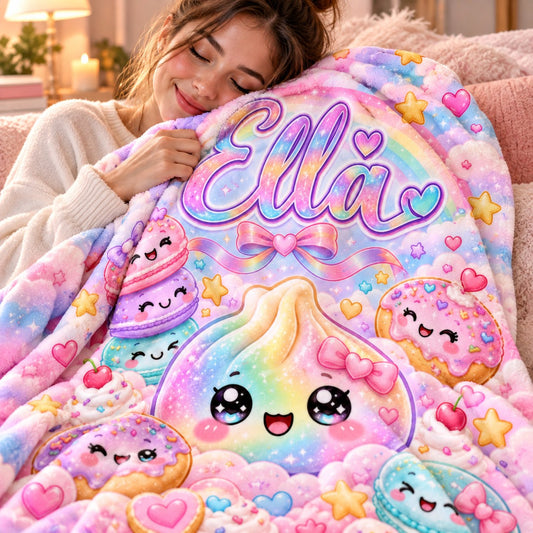 Personalized Name Kawaii Dumpling Blanket - cozy fleece close-up
