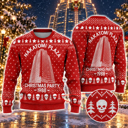 1988 Skyscraper Christmas Party Red Knit Ugly Christmas Sweater - front and back view