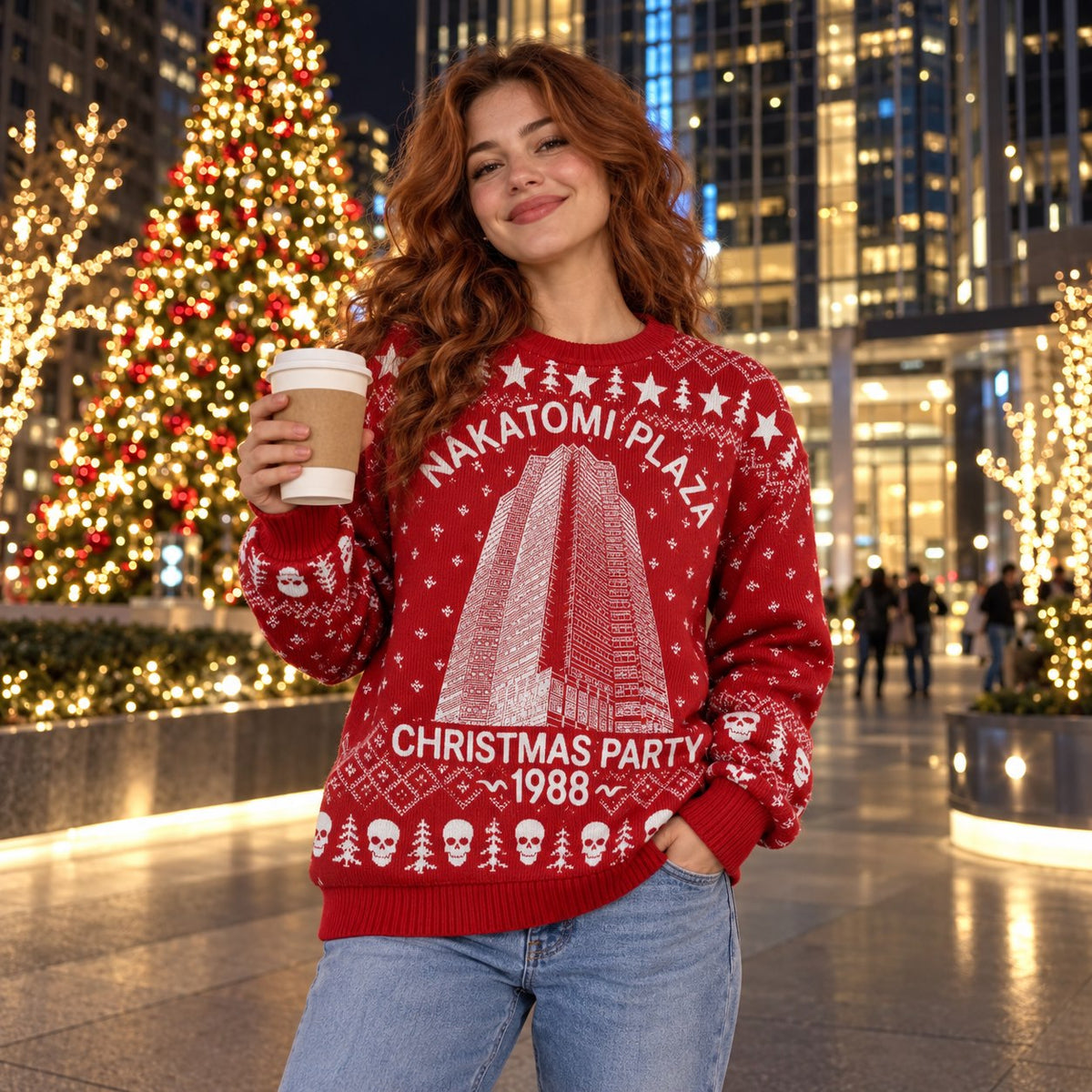 1988 Skyscraper Christmas Party Red Knit Ugly Christmas Sweater - worn front view