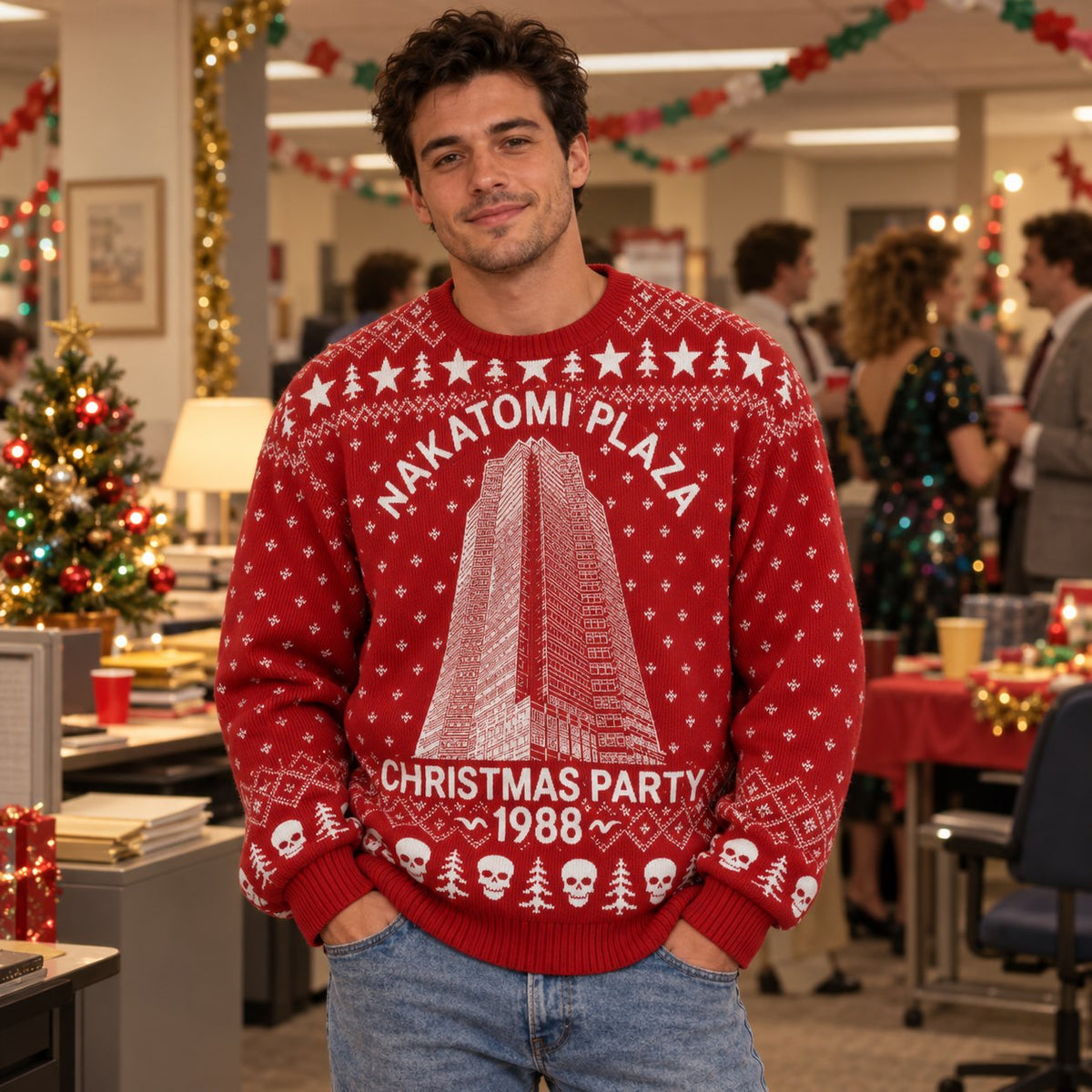 1988 Skyscraper Christmas Party Red Knit Ugly Christmas Sweater - worn lifestyle view
