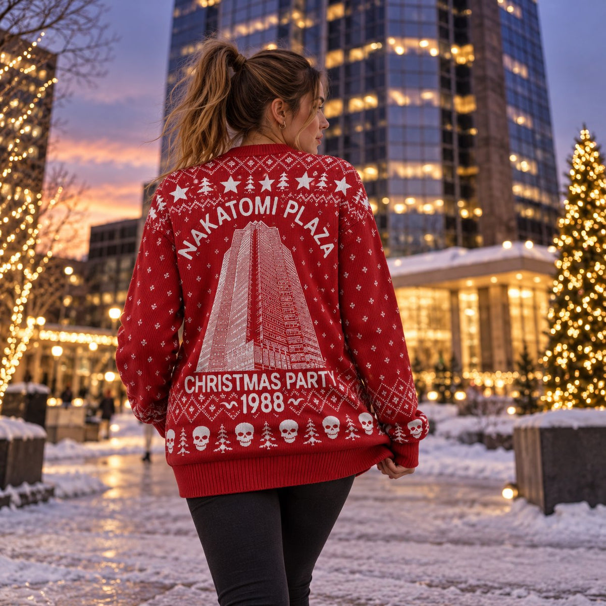 1988 Skyscraper Christmas Party Red Knit Ugly Christmas Sweater - worn back view