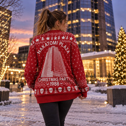 1988 Skyscraper Christmas Party Red Knit Ugly Christmas Sweater - worn back view