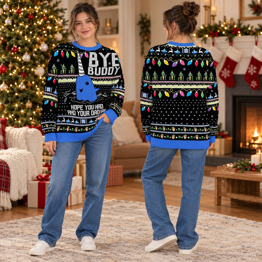 Bye Buddy Hope You Find Your Dad Black knit ugly Christmas sweater - front and back