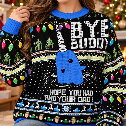 Bye Buddy Hope You Find Your Dad Black knit ugly Christmas sweater - knit close-up