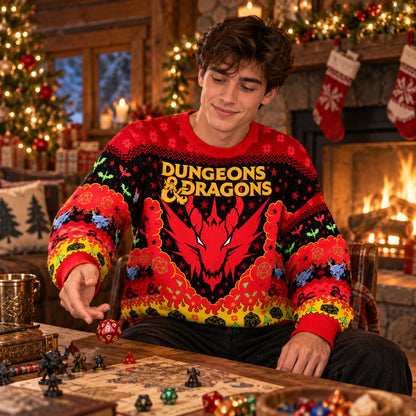 Red Dragon D20 Dice Knit Ugly Christmas Sweater - worn front view