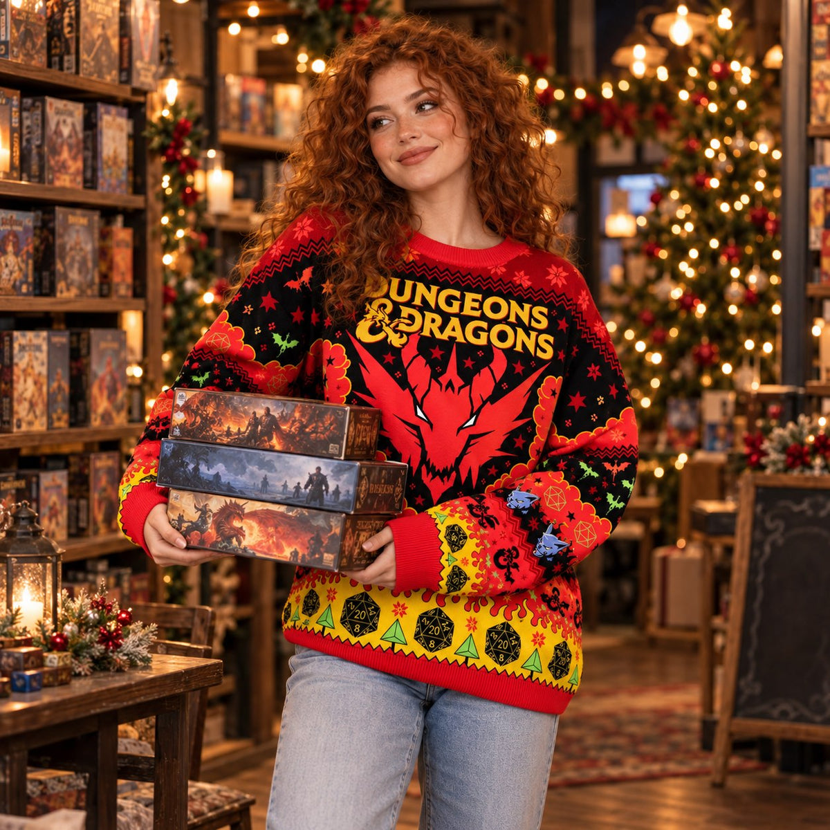 Red Dragon D20 Dice Knit Ugly Christmas Sweater - front and back view