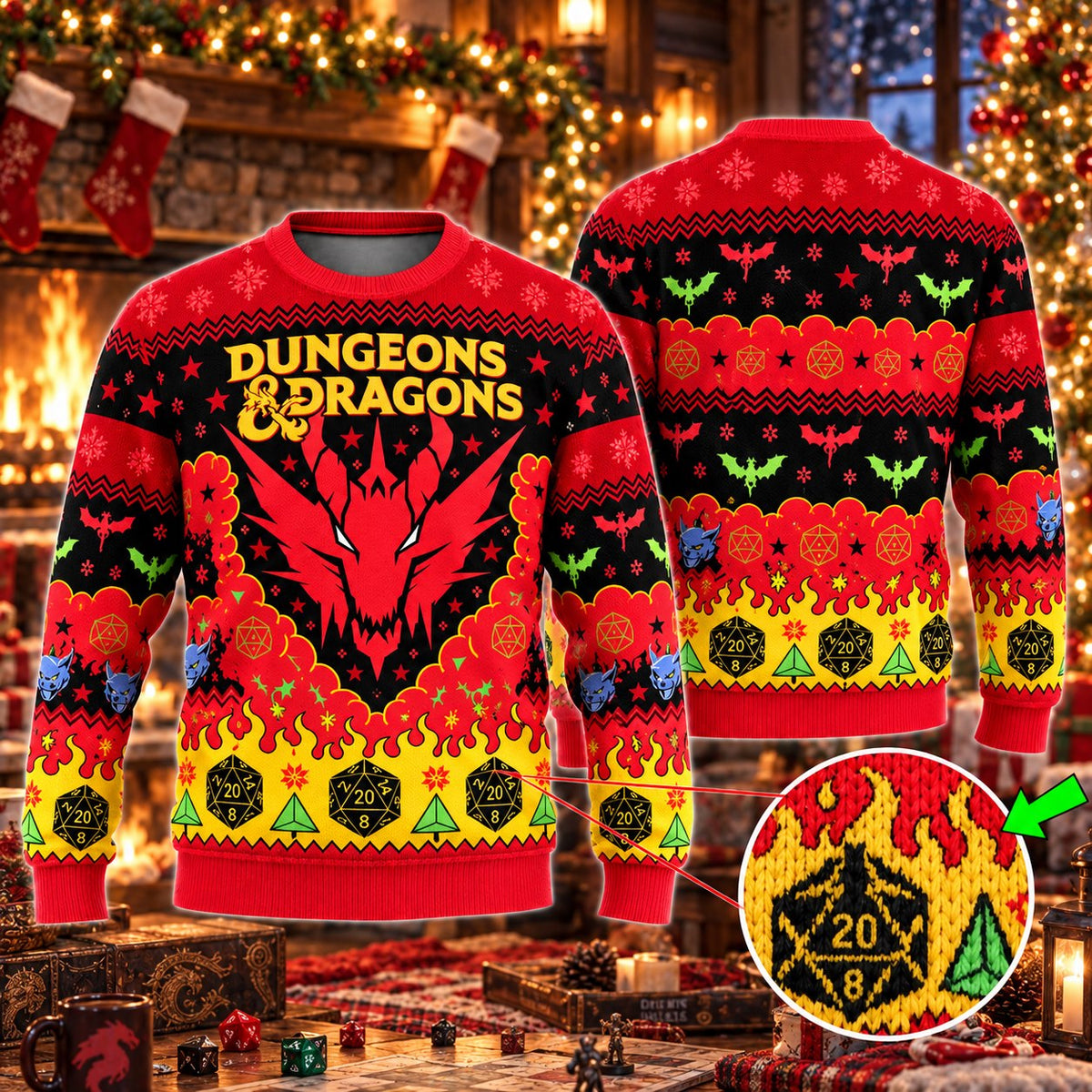 Red Dragon D20 Dice Knit Ugly Christmas Sweater - view 3