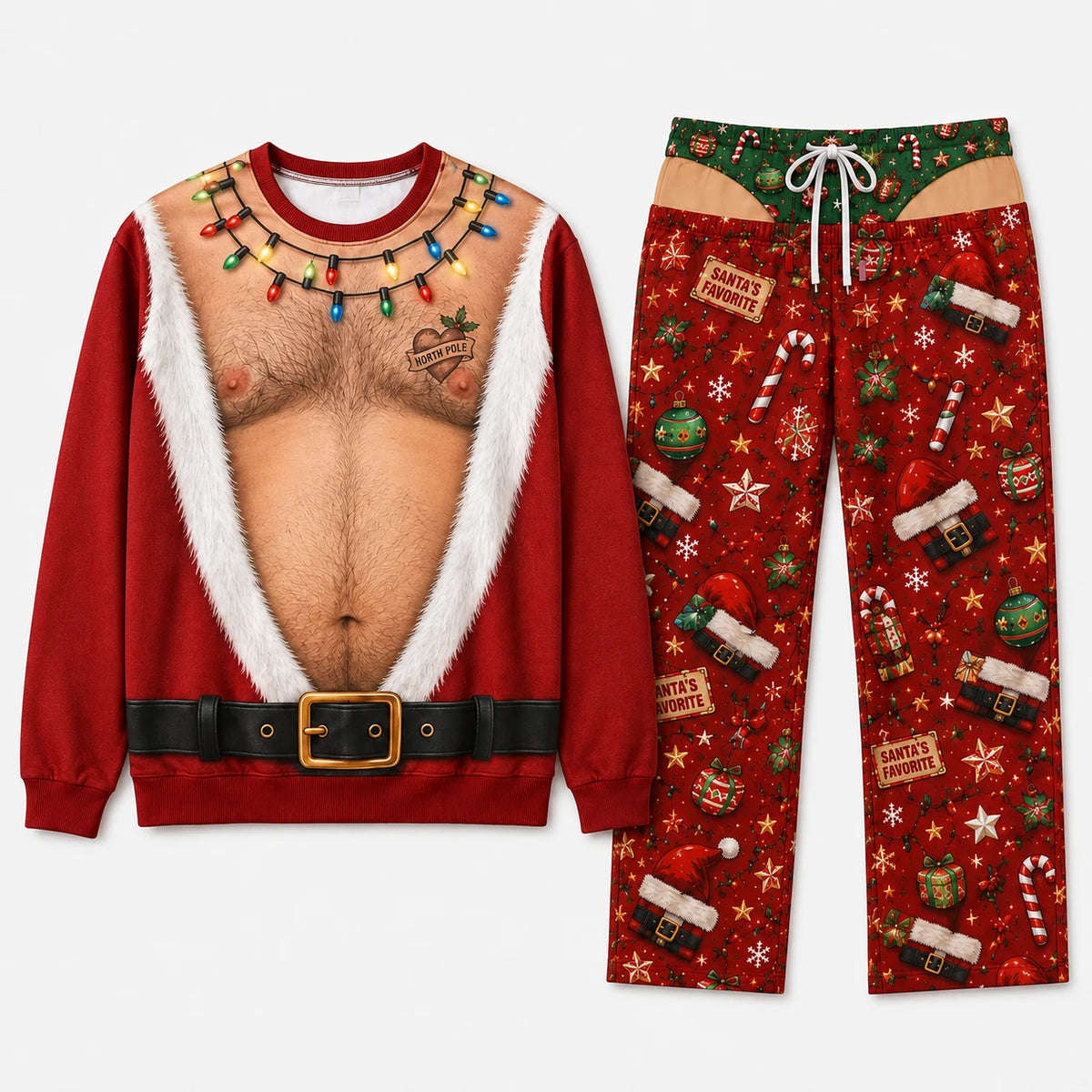 Funny Couples Matching Christmas Pajamas - Naughty Santa Body Print Pajama Set