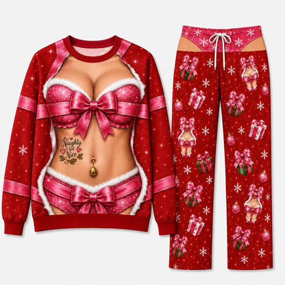 Funny Couples Matching Christmas Pajamas - Naughty Santa Body Print Pajama Set