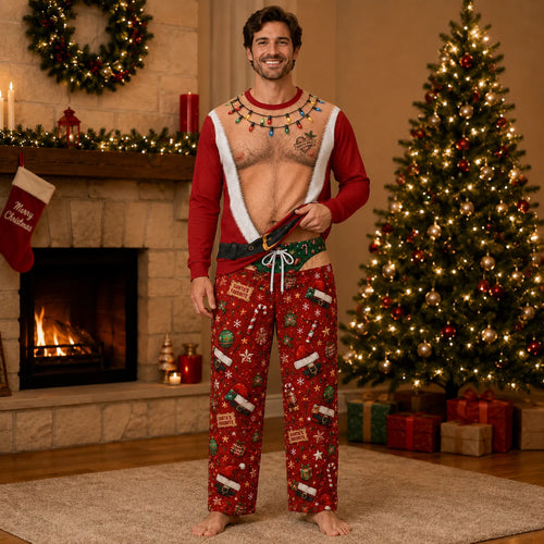 Funny Couples Matching Christmas Pajamas - Naughty Santa Body Print Pajama Set