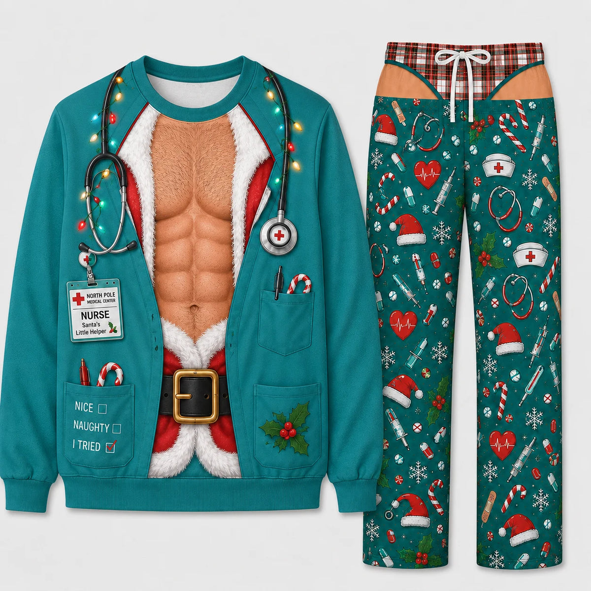 Funny Naughty Nurse Couples Matching Christmas Pajamas - Fake Body Print Set