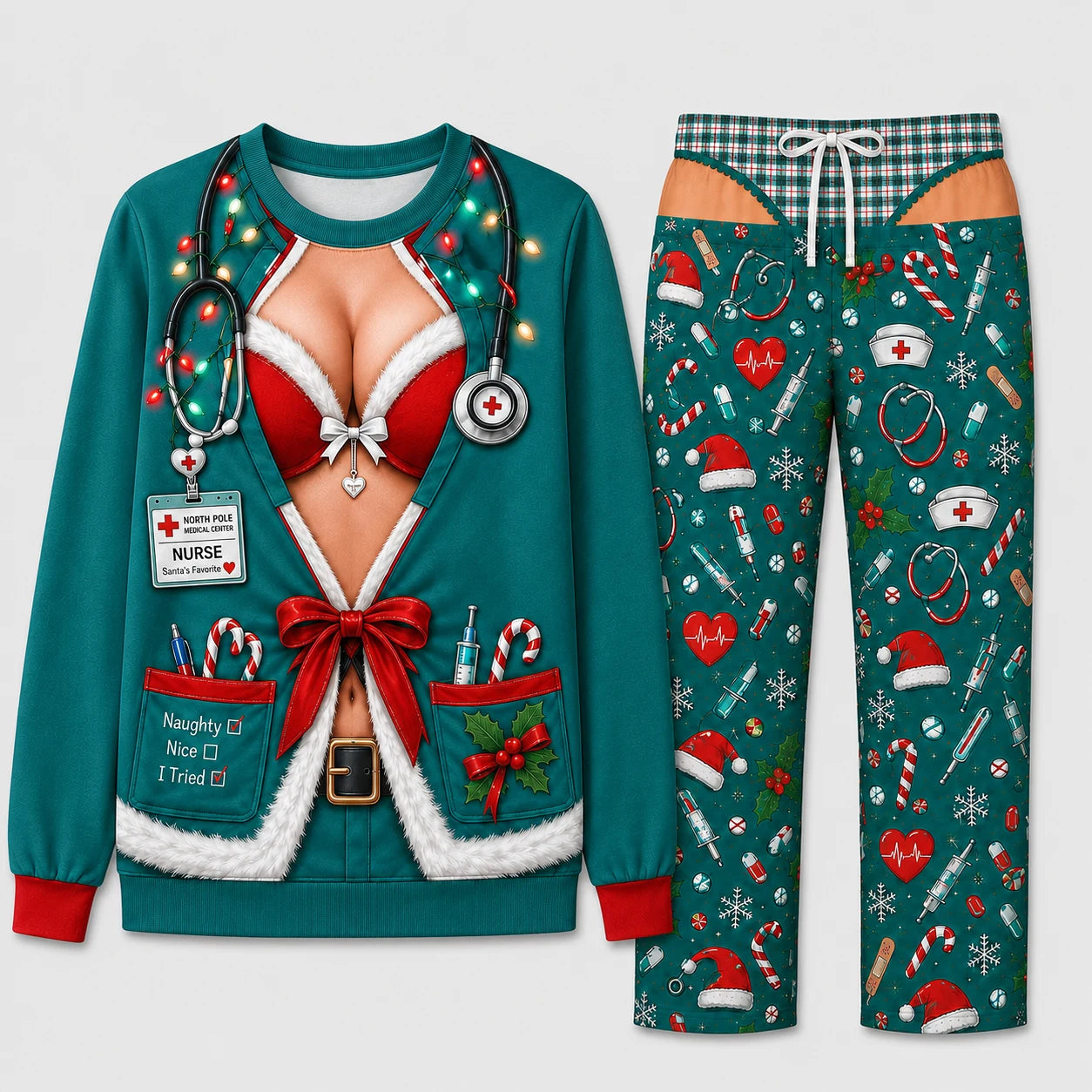 Funny Naughty Nurse Couples Matching Christmas Pajamas - Fake Body Print Set