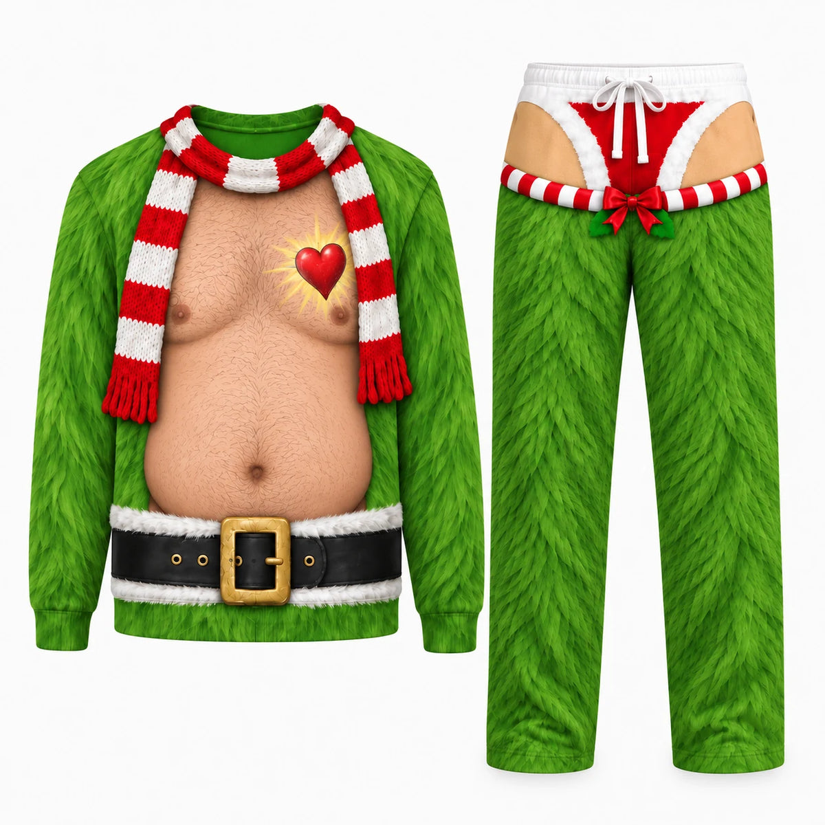 Funny ugly Christmas sweater with fake belly print and striped scarf