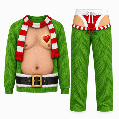 Funny ugly Christmas sweater with fake belly print and striped scarf