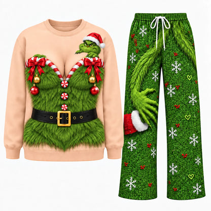Funny ugly Christmas sweater with green character fake body print