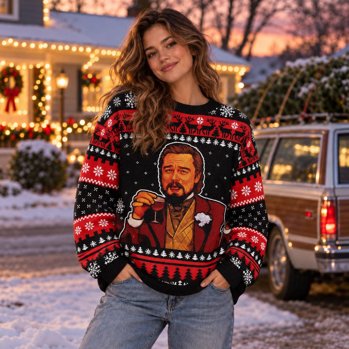 Laughing Cheers Man Red Black Knit Ugly Christmas Sweater - worn front view