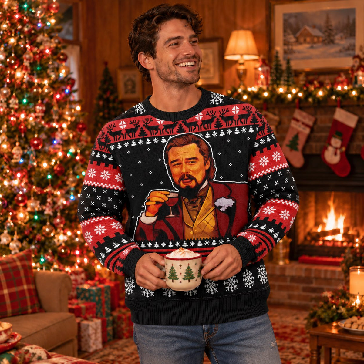 Laughing Cheers Man Red Black Knit Ugly Christmas Sweater - view 3