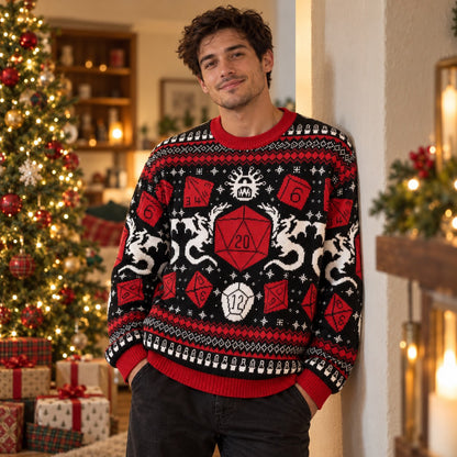 D20 Dice Dragon Skull Red Black Knit Ugly Christmas Sweater - worn lifestyle view