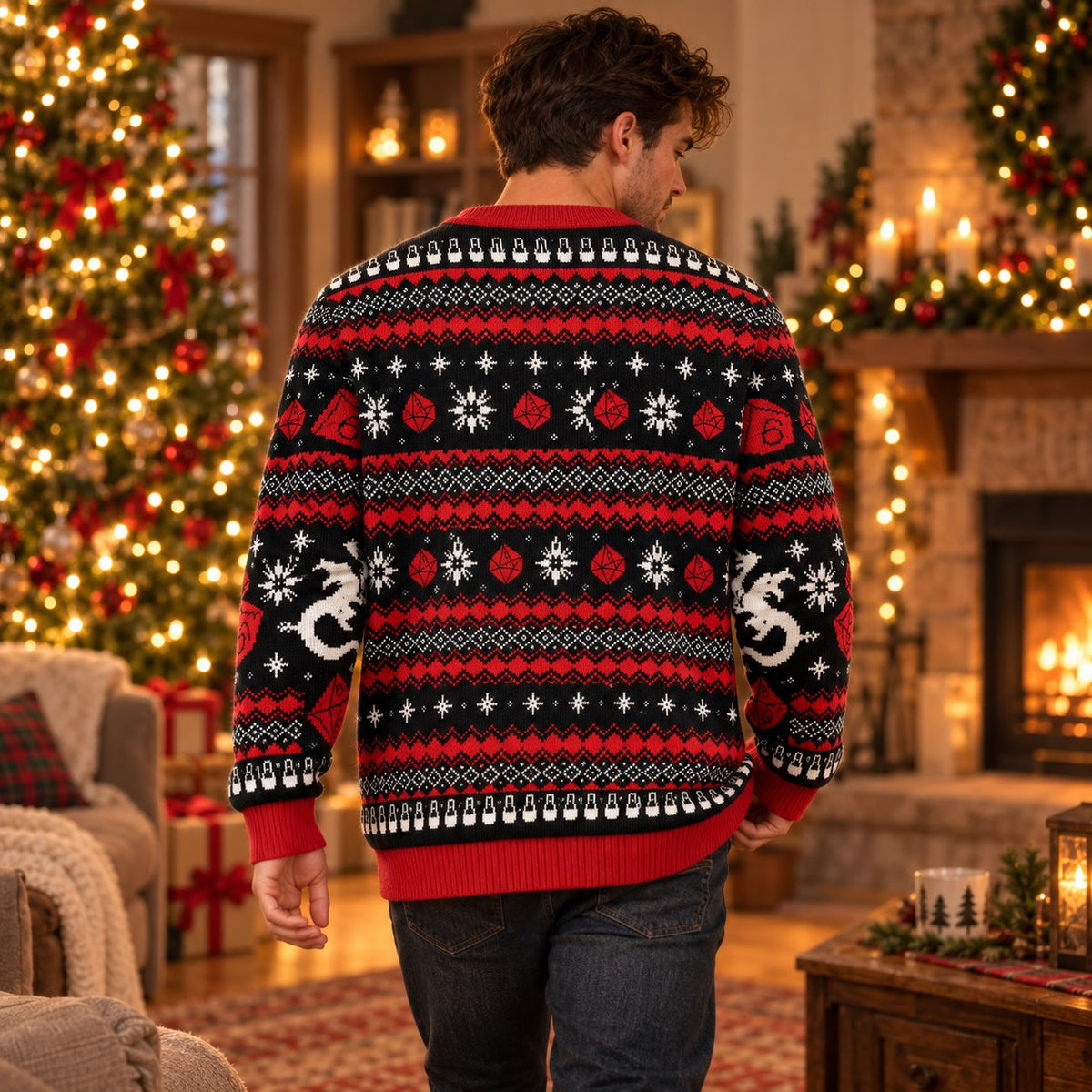 D20 Dice Dragon Skull Red Black Knit Ugly Christmas Sweater - worn back view