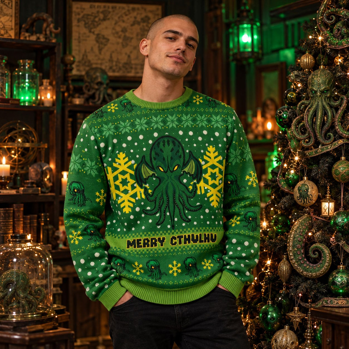 Merry Cthulhu Green Knit Ugly Christmas Sweater - front and back view