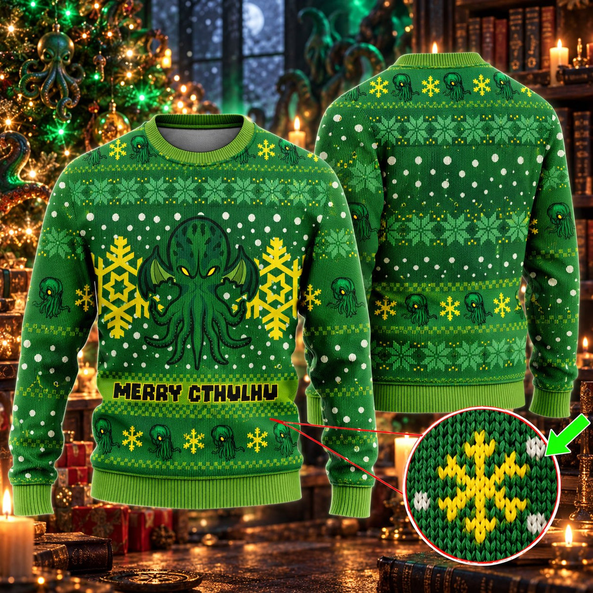 Merry Cthulhu Green Knit Ugly Christmas Sweater - view 3